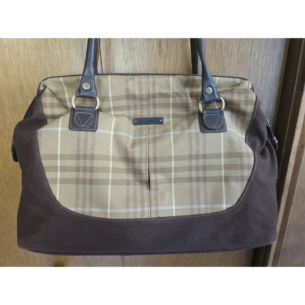 EDDIE‎ BAUER PLAID CHECK BROWN CANVAS LEATHER DUFFEL TRAVEL BAG LUGGAGE